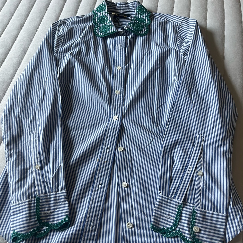 J Crew Striped Blue and White with Green Embroidery Shirt